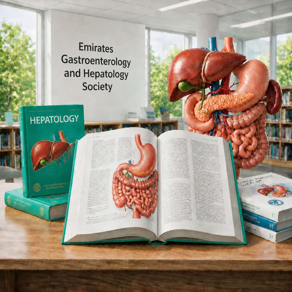 Gastroenterology and hepatology reference journals and clinical practice guidelines on a table