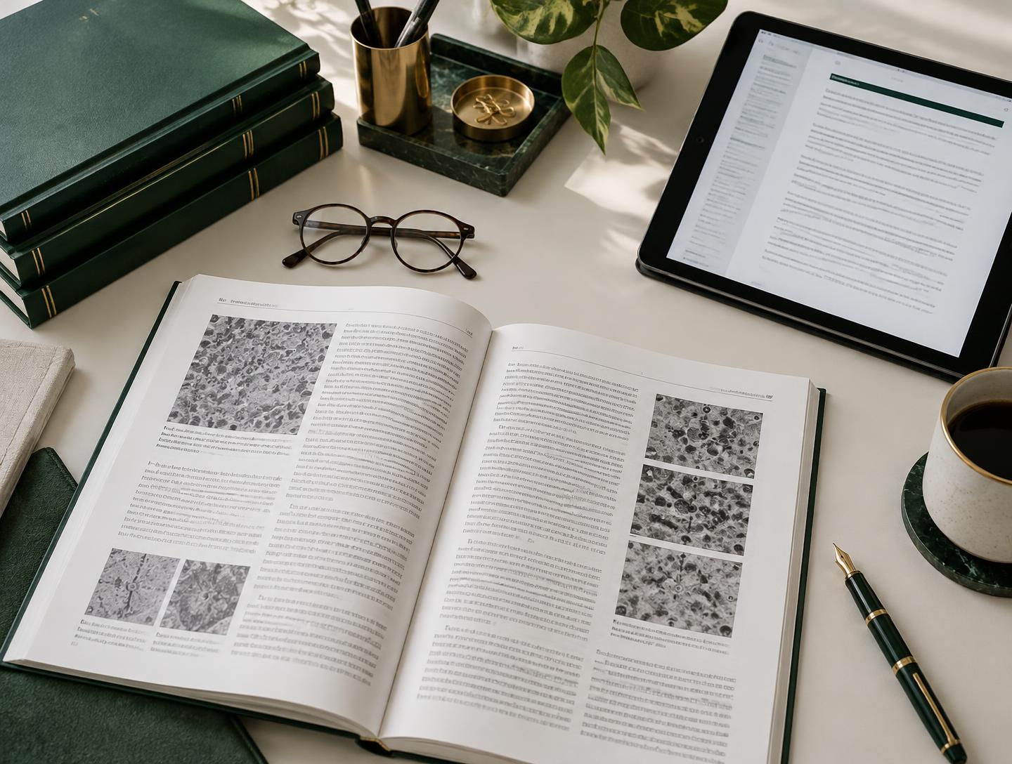 A physician's desk with an open medical journal and clinical guidelines on a tablet