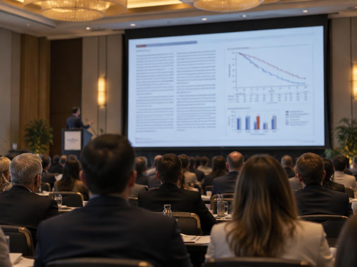 A speaker presenting a digestive system slide to a conference audience